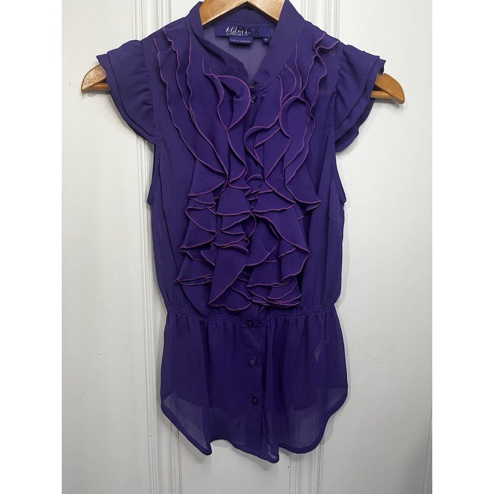 Miley Cyrus Max Azria Women's Purple Blouse M Ruffles Buttons Cap Sleeves Y2K